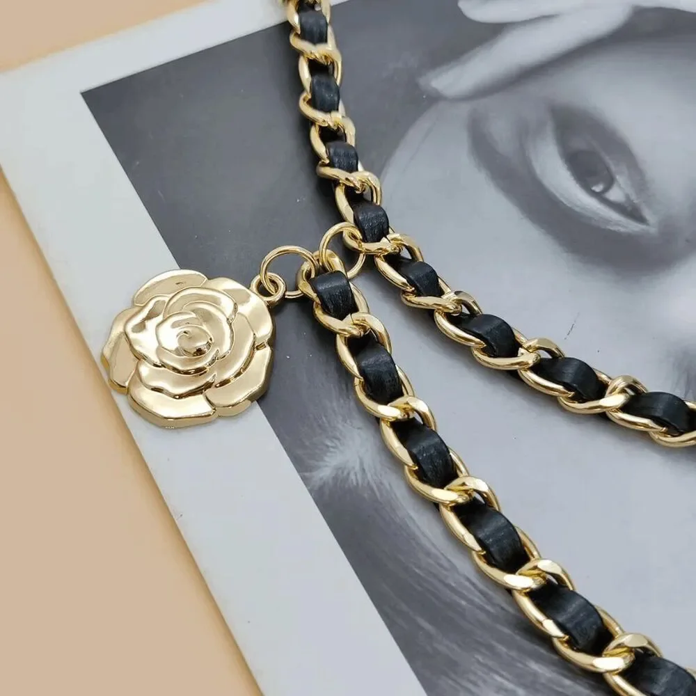 NEW Gold Black Rose Camellia Flower Charms Interwoven Chain Belt